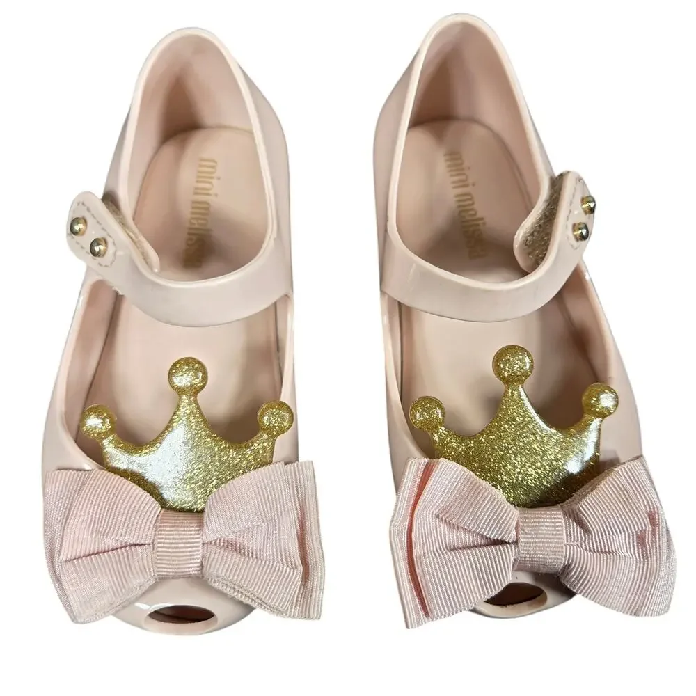 Mini Melissa Mary Janes Toddler 7 Pink Ribbon Bow Gold Crown Fairy Tale Princess